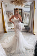 Elegant Long Spaghetti Strap Mermaid Sweetheart Tulle Backless Wedding Dress with Appliques