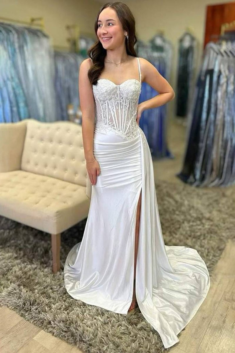 Paddy | Silver Spaghetti Straps Mermaid Appliqued Prom Dress With Split