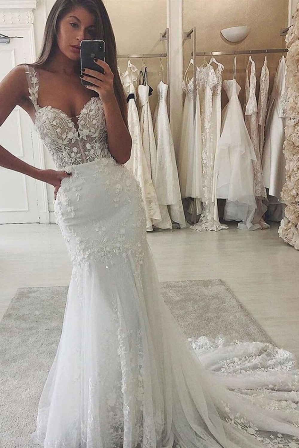Charming Long Sweetheart Mermaid Tulle Lace Wedding Dress
