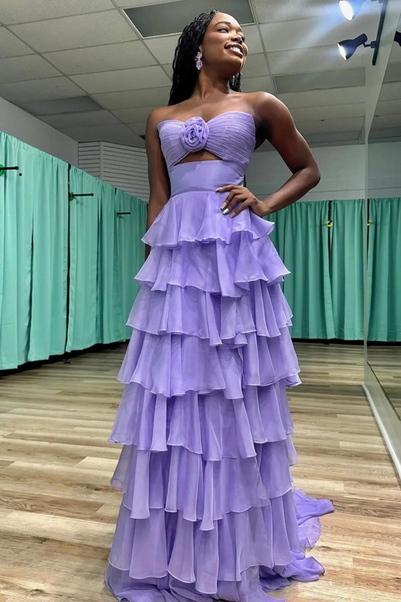 Darlin | A-Line Strapless V-Neck Layered Chiffon Sleeveless Formal Prom Dress
