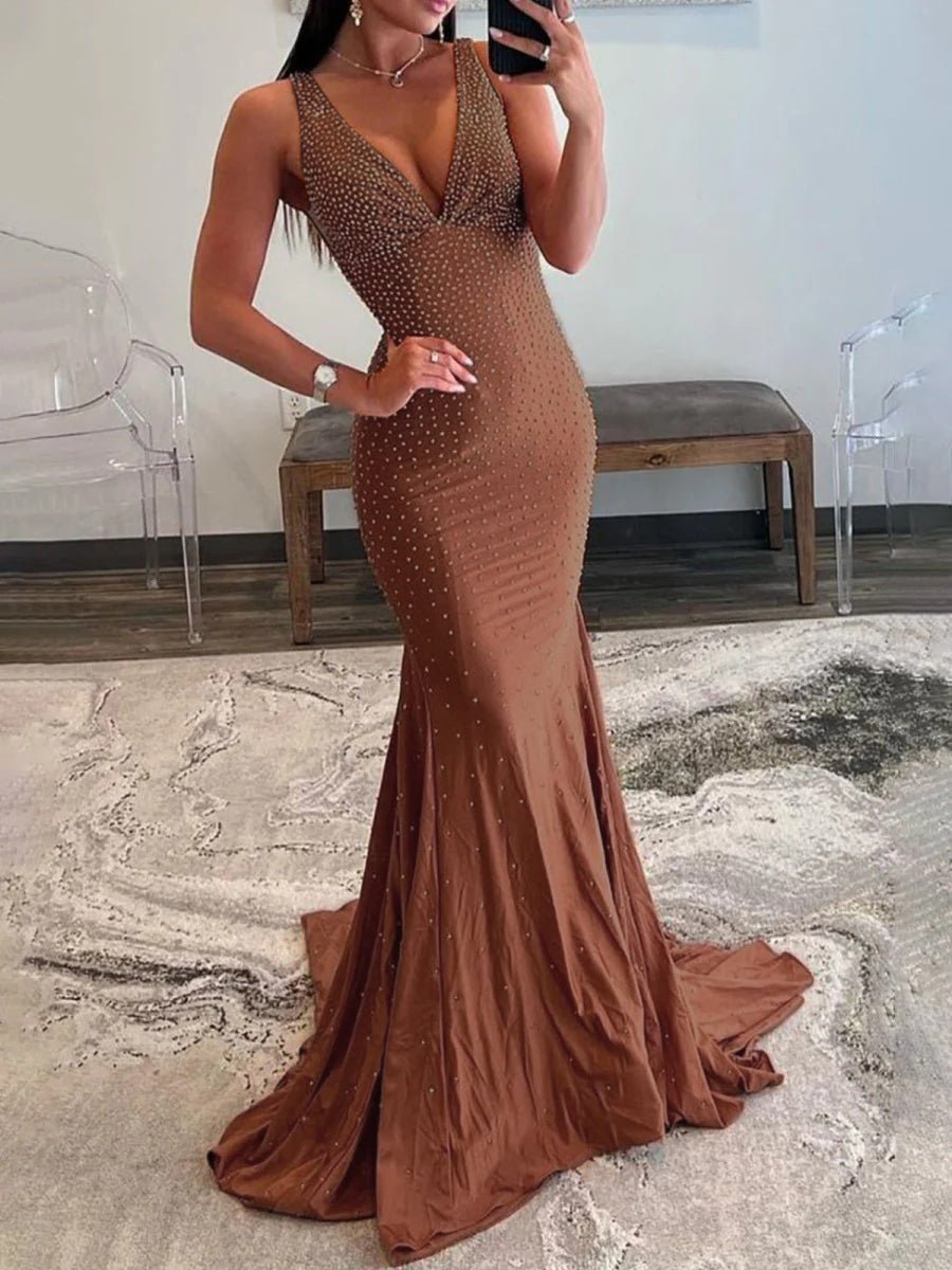 Beaded Satin Mermaid Long Prom Dress