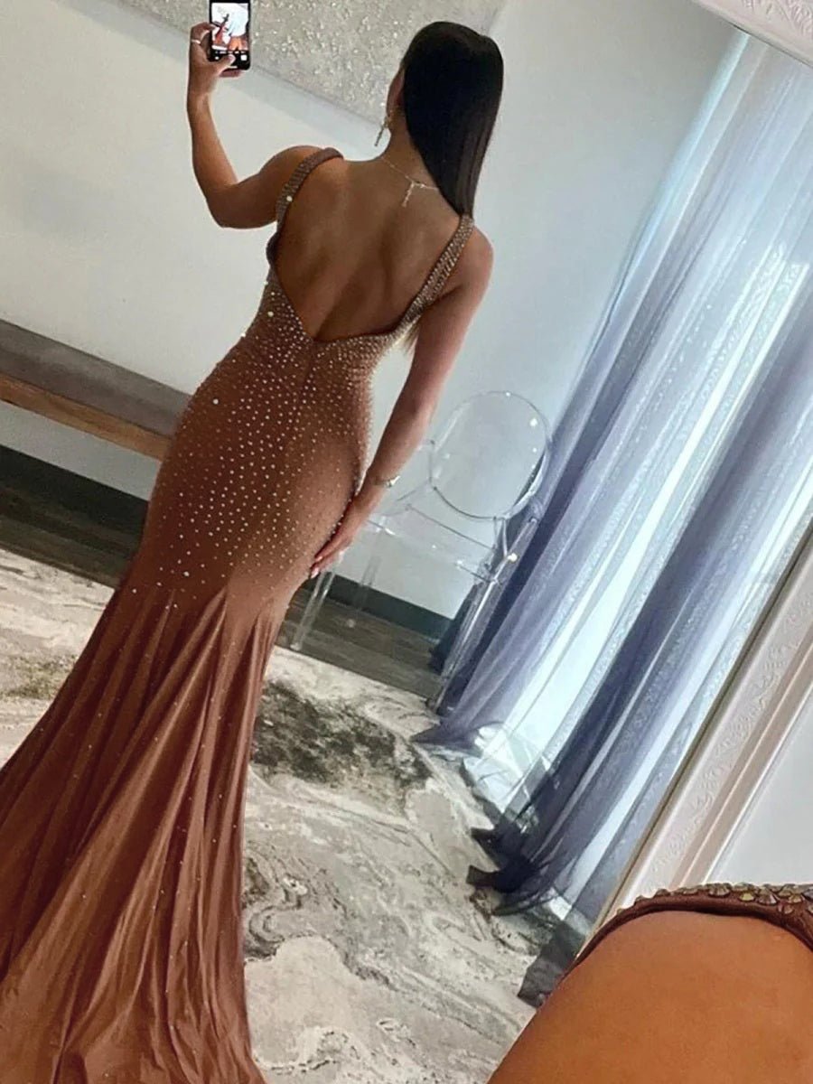 Beaded Satin Mermaid Long Prom Dress