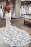 Sexy Long Mermaid Sleeveless Applique Lace Spaghetti Strap Open Back Wedding Dresses