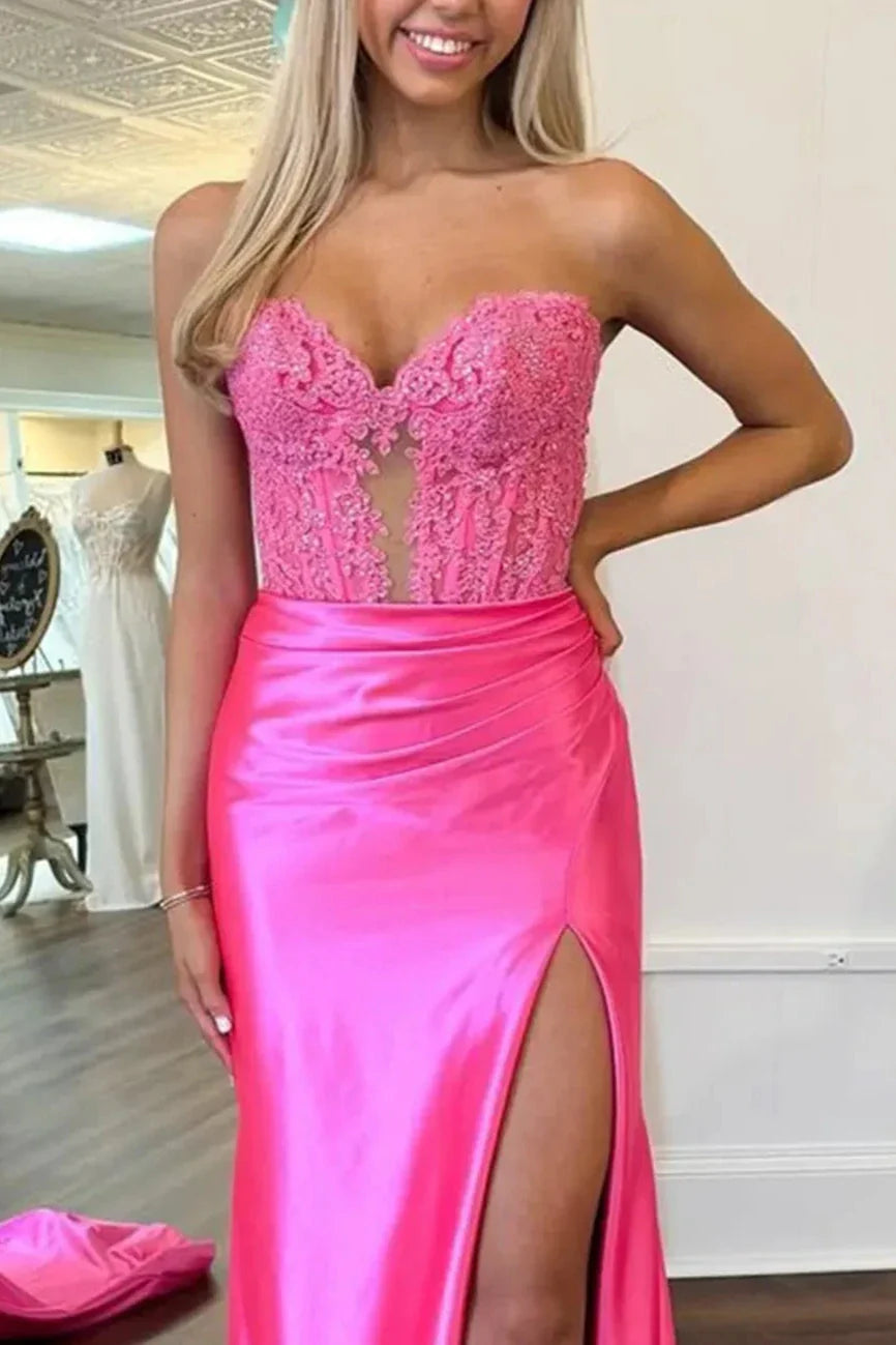 Aeth | Royal Blue Strapless Lace Mermaid Long Prom Dresses With Slit