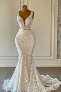 Charming Long Mermaid V-Neck Floor-Length Lace Wedding Dress with Ruffles