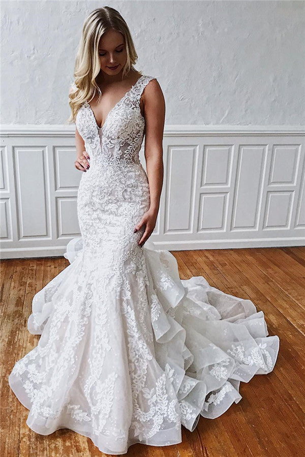 Long V-neck Lace Mermaid Open Back Wedding Dresses