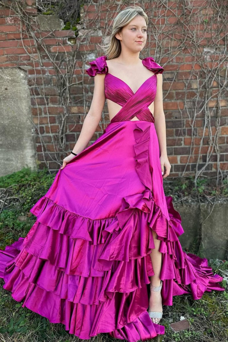 Brittany | Red Cutout Ruffle A-Line Long Prom Dress with Slit