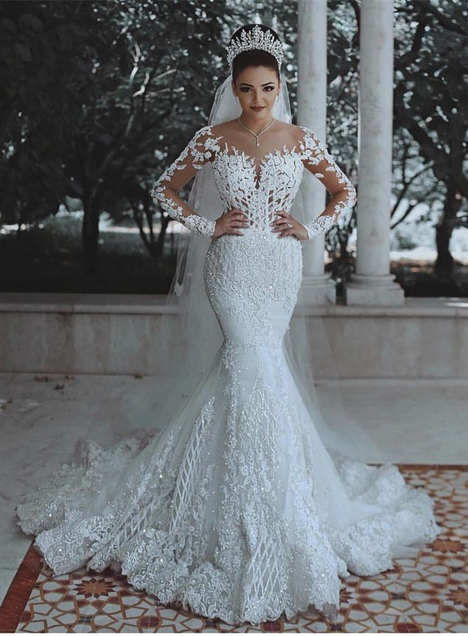 Glamorous Long Sleeves Mermaid Sweetheart Floor length Tulle Lace Wedding Dress