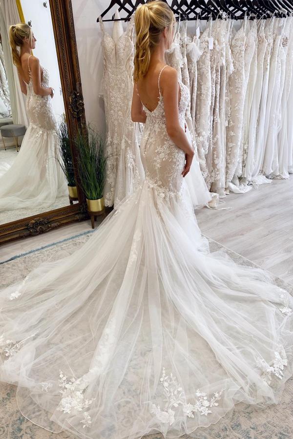 Elegant Long Spaghetti Strap Mermaid Sweetheart Tulle Backless Wedding Dress with Appliques