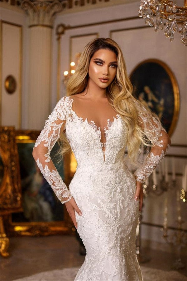 Gorgeous Long Sweetheart Mermaid Tulle Lace Wedding Dress with Sleeves