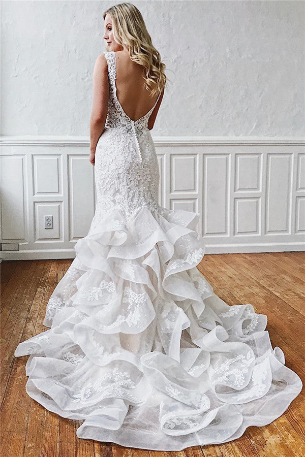 Long V-neck Lace Mermaid Open Back Wedding Dresses