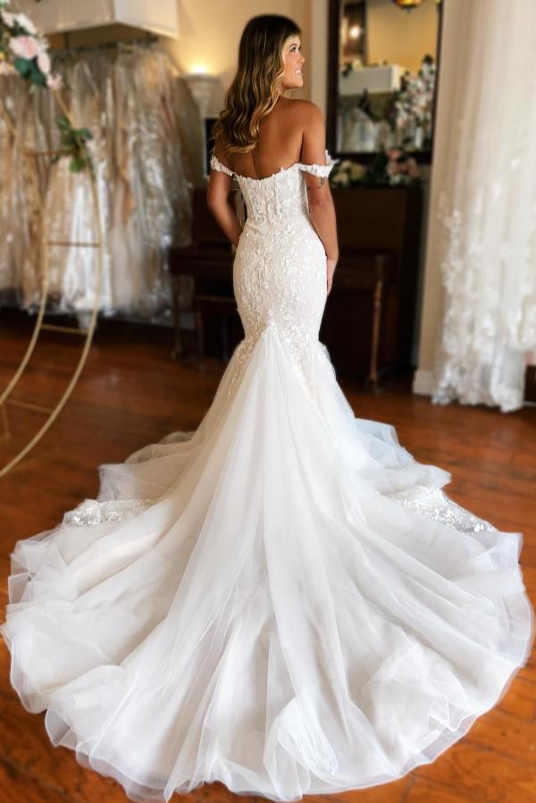 Long V-Neck Sleeveless Tulle Lace Mermaid Wedding Dresses