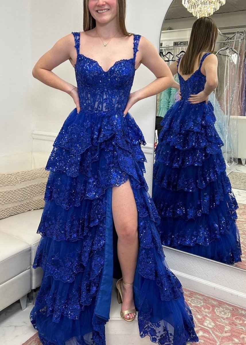 Capri | A-Line Lace Off-the-Shoulder Tiered Long Prom Dress with Slit