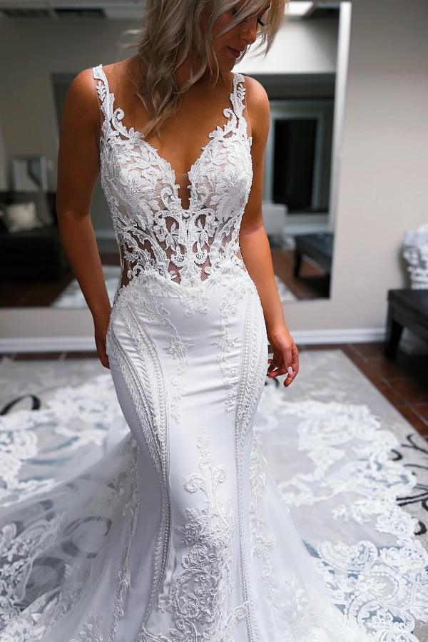 Long V Neck Spaghetti Straps Sleeveless Lace Open Back Mermaid Wedding Dresses
