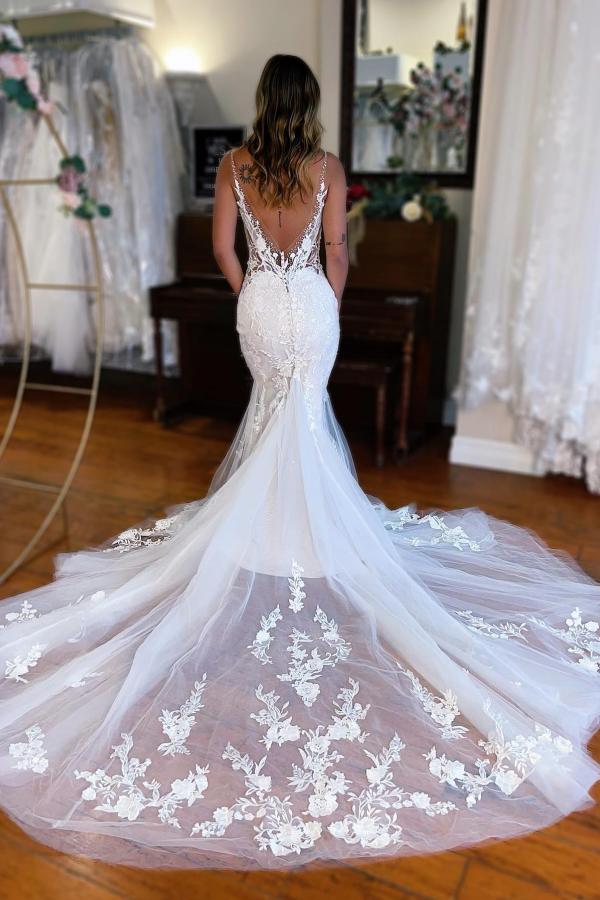 Long V-Neck Sleeveless Mermaid Lace Tulle Backless Wedding Dresses