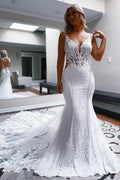 Long V Neck Spaghetti Straps Sleeveless Lace Open Back Mermaid Wedding Dresses