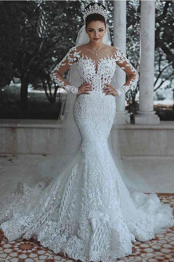 Glamorous Long Sleeves Mermaid Sweetheart Floor length Tulle Lace Wedding Dress
