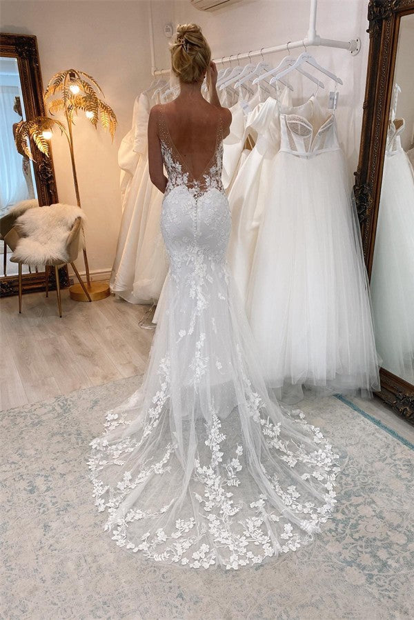 Long Mermaid V neck Floor Length Tulle Lace Open Back Wedding Dress