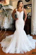 Long V-Neck Sleeveless Tulle Lace Mermaid Wedding Dresses