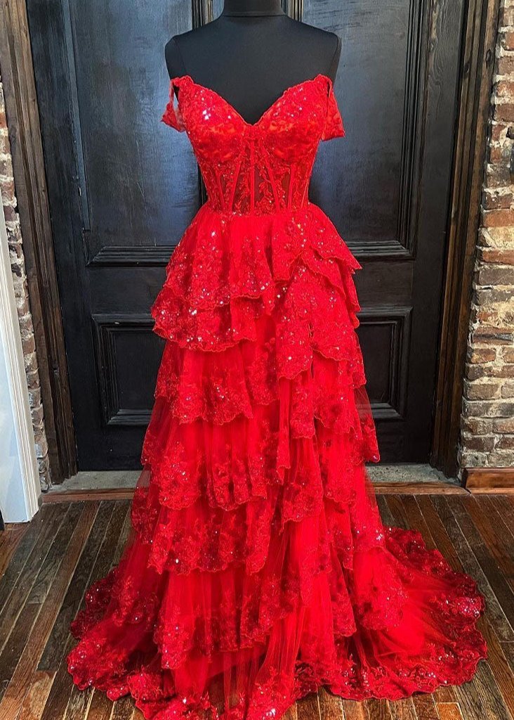 Capri | A-Line Lace Off-the-Shoulder Tiered Long Prom Dress with Slit