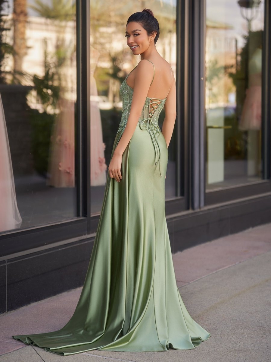 Paddy | Silver Spaghetti Straps Mermaid Appliqued Prom Dress With Split