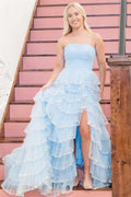 Braelyn | Light Blue Strapless Layered Tulle Prom Dress with Sequins