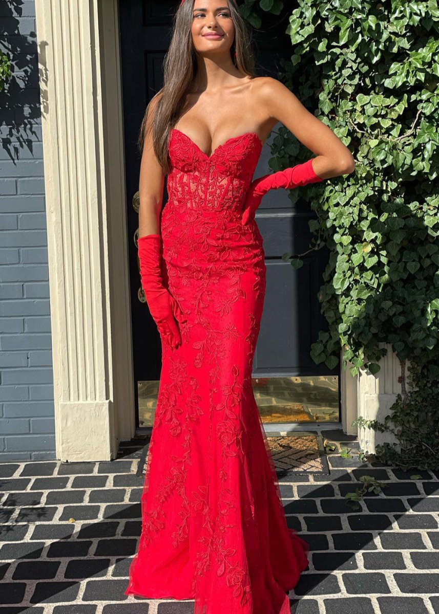 Evie |Mermaid Strapless Lace Prom Dress With Appliques