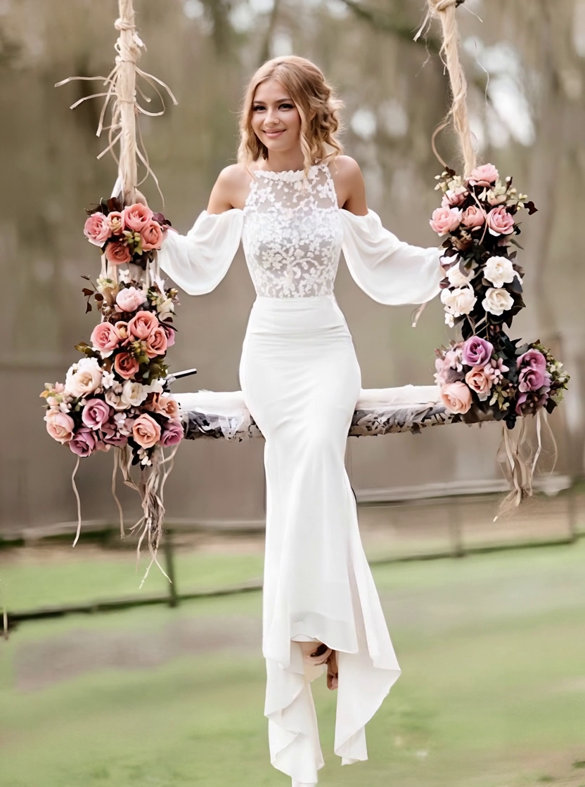 Long Off the Shoulder Chiffon Lace Mermaid Wedding Dresses with Sleeves
