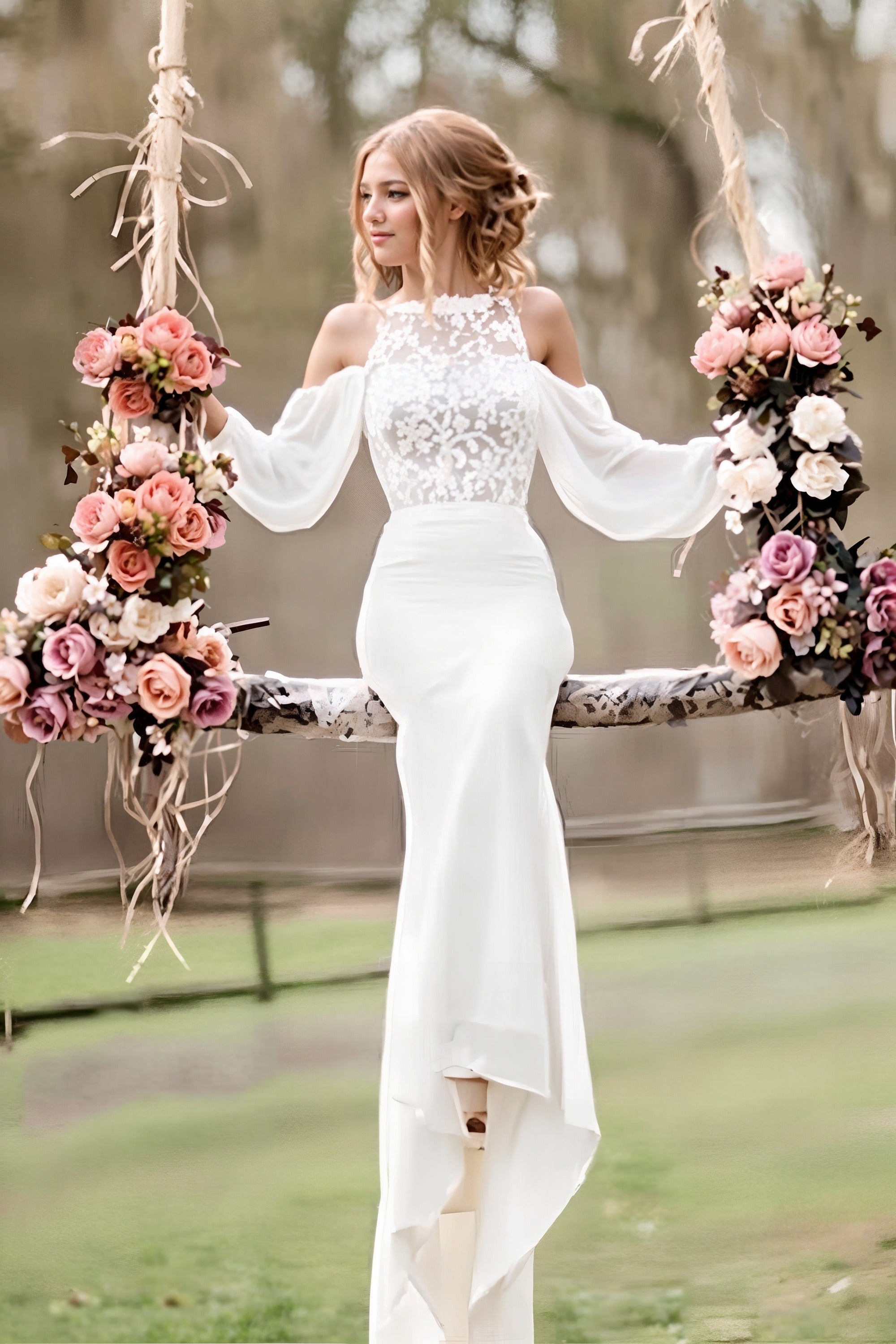 Long Off the Shoulder Chiffon Lace Mermaid Wedding Dresses with Sleeves