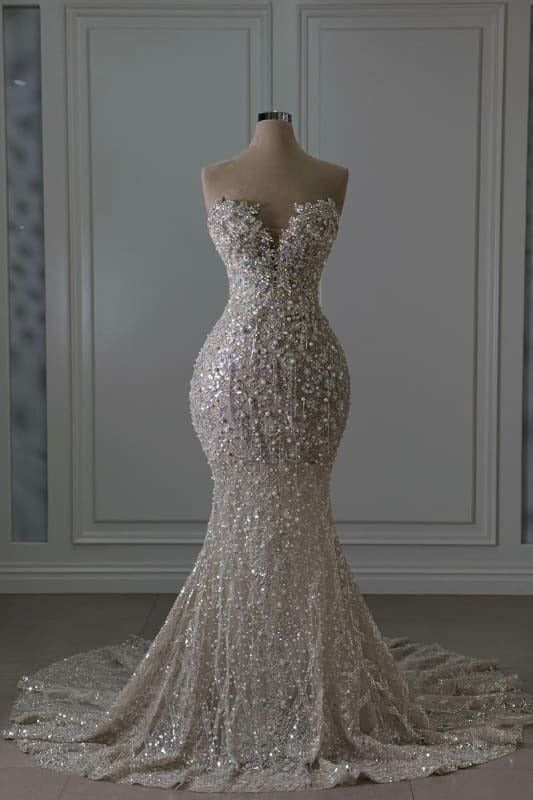 Luxury Long Sweetheart Beaded Mermaid Glitter Wedding Dresses with Train