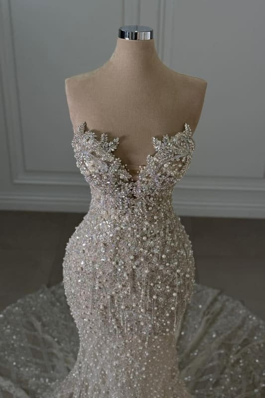 Luxury Long Sweetheart Beaded Mermaid Glitter Wedding Dresses with Train