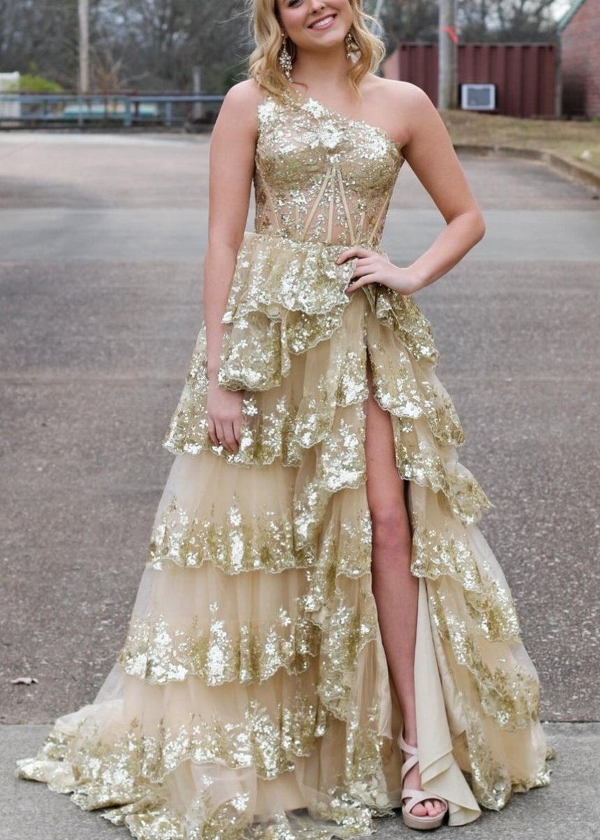 Livia |Sheath One Shoulder Tiered Lace Long Prom Dress
