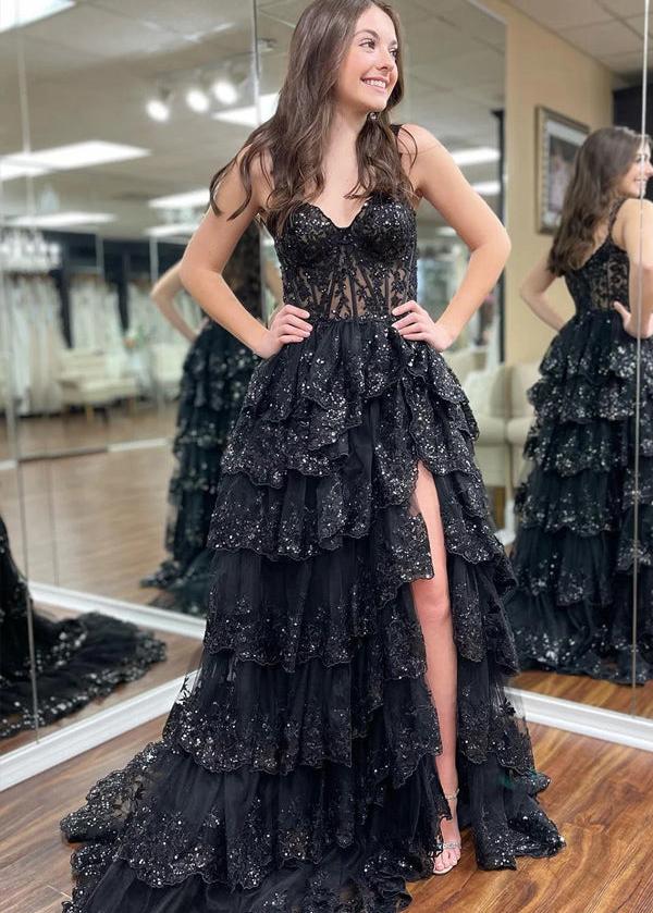 Capri | A-Line Lace Off-the-Shoulder Tiered Long Prom Dress with Slit