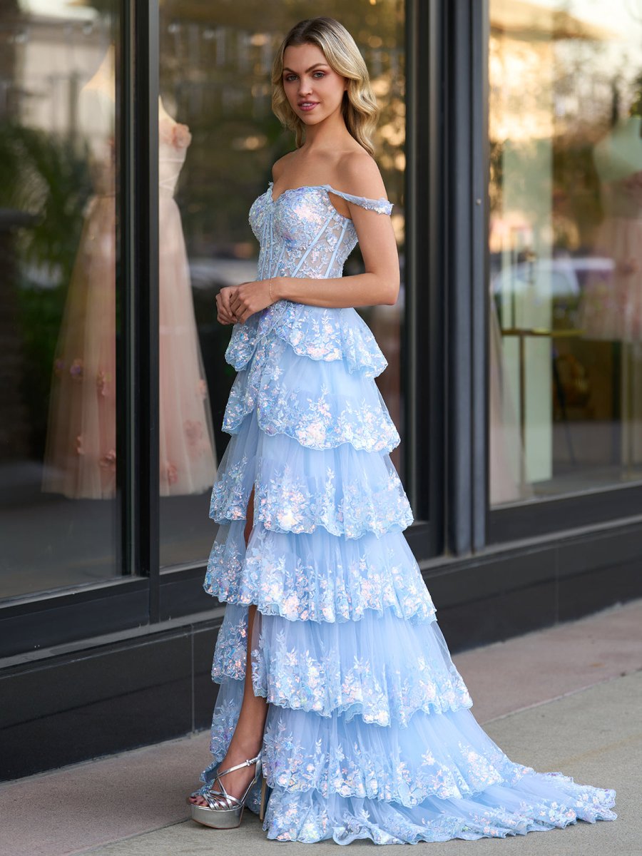 Capri | A-Line Lace Off-the-Shoulder Tiered Long Prom Dress with Slit