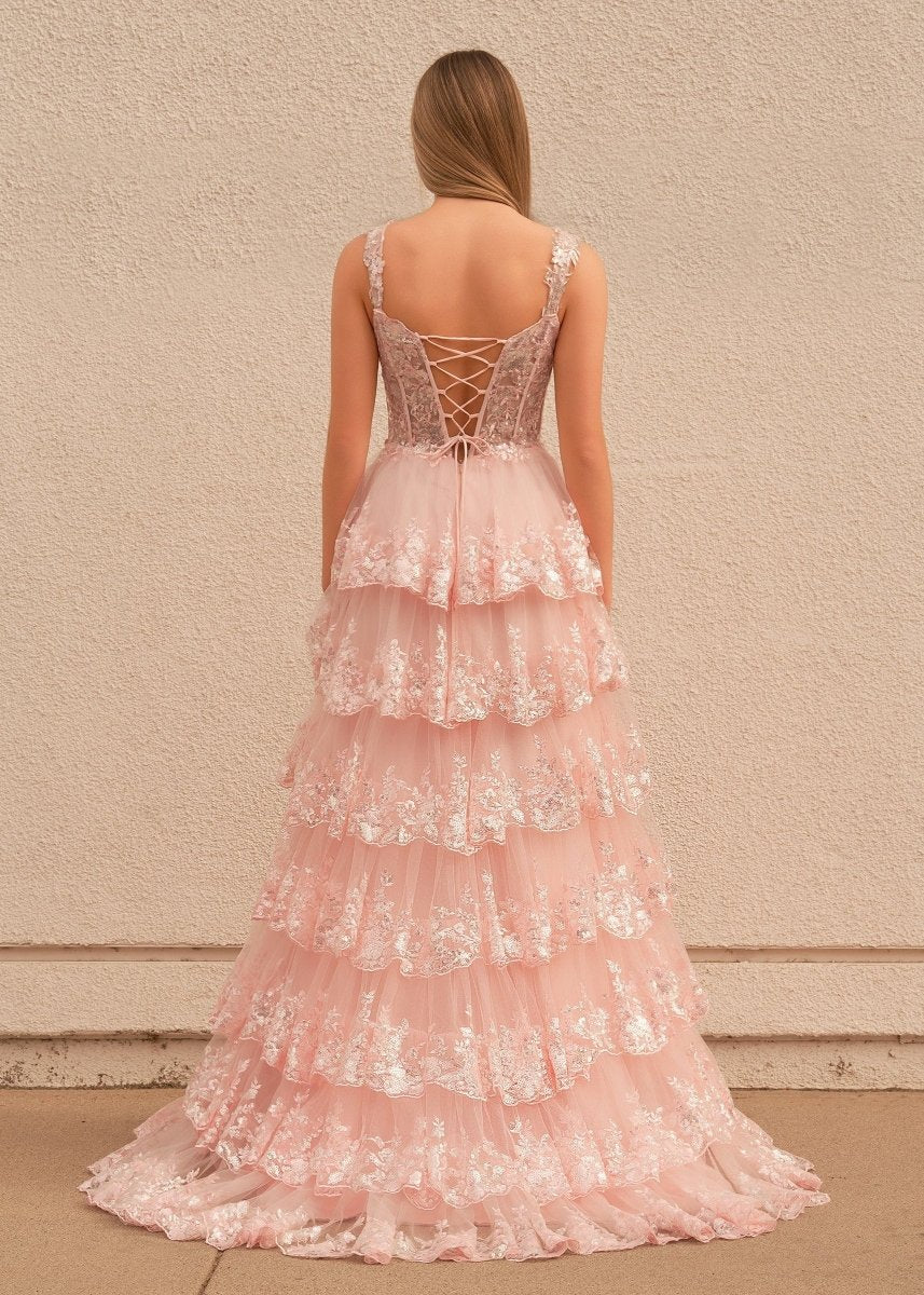 Capri | A-Line Lace Off-the-Shoulder Tiered Long Prom Dress with Slit