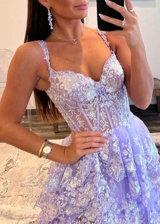 Capri | A-Line Lace Off-the-Shoulder Tiered Long Prom Dress with Slit