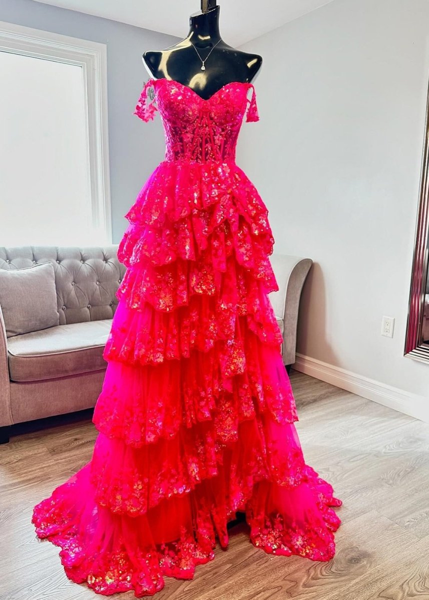 Capri | A-Line Lace Off-the-Shoulder Tiered Long Prom Dress with Slit