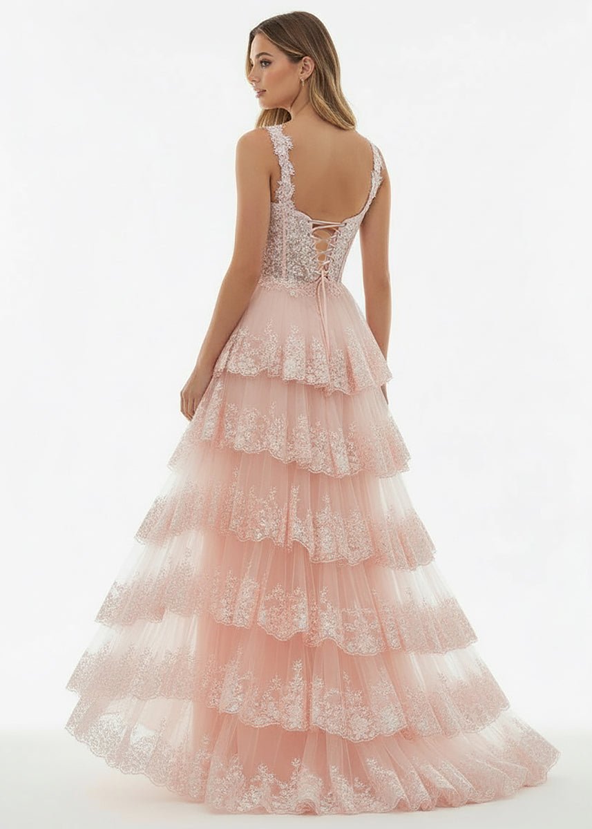 Capri | A-Line Lace Off-the-Shoulder Tiered Long Prom Dress with Slit