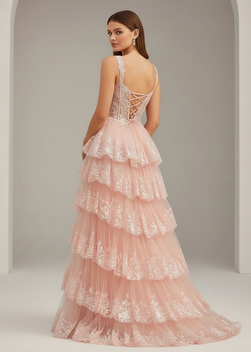 Capri | A-Line Lace Off-the-Shoulder Tiered Long Prom Dress with Slit
