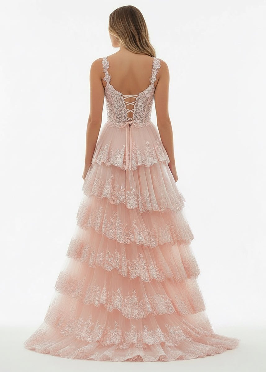Capri | A-Line Lace Off-the-Shoulder Tiered Long Prom Dress with Slit