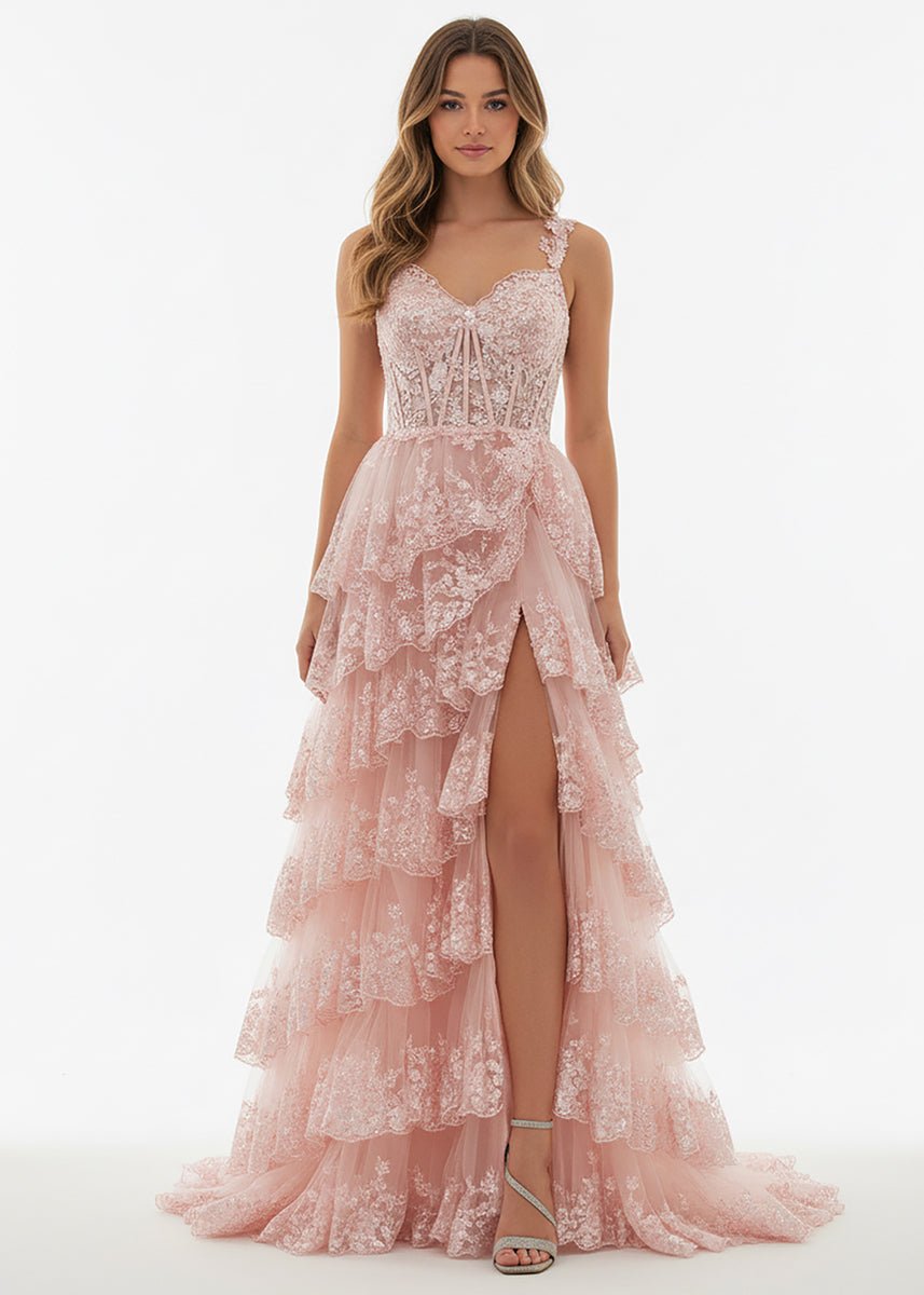 Capri | A-Line Lace Off-the-Shoulder Tiered Long Prom Dress with Slit