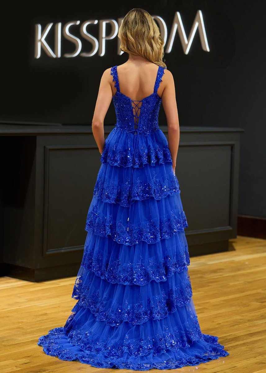 Capri | A-Line Lace Off-the-Shoulder Tiered Long Prom Dress with Slit