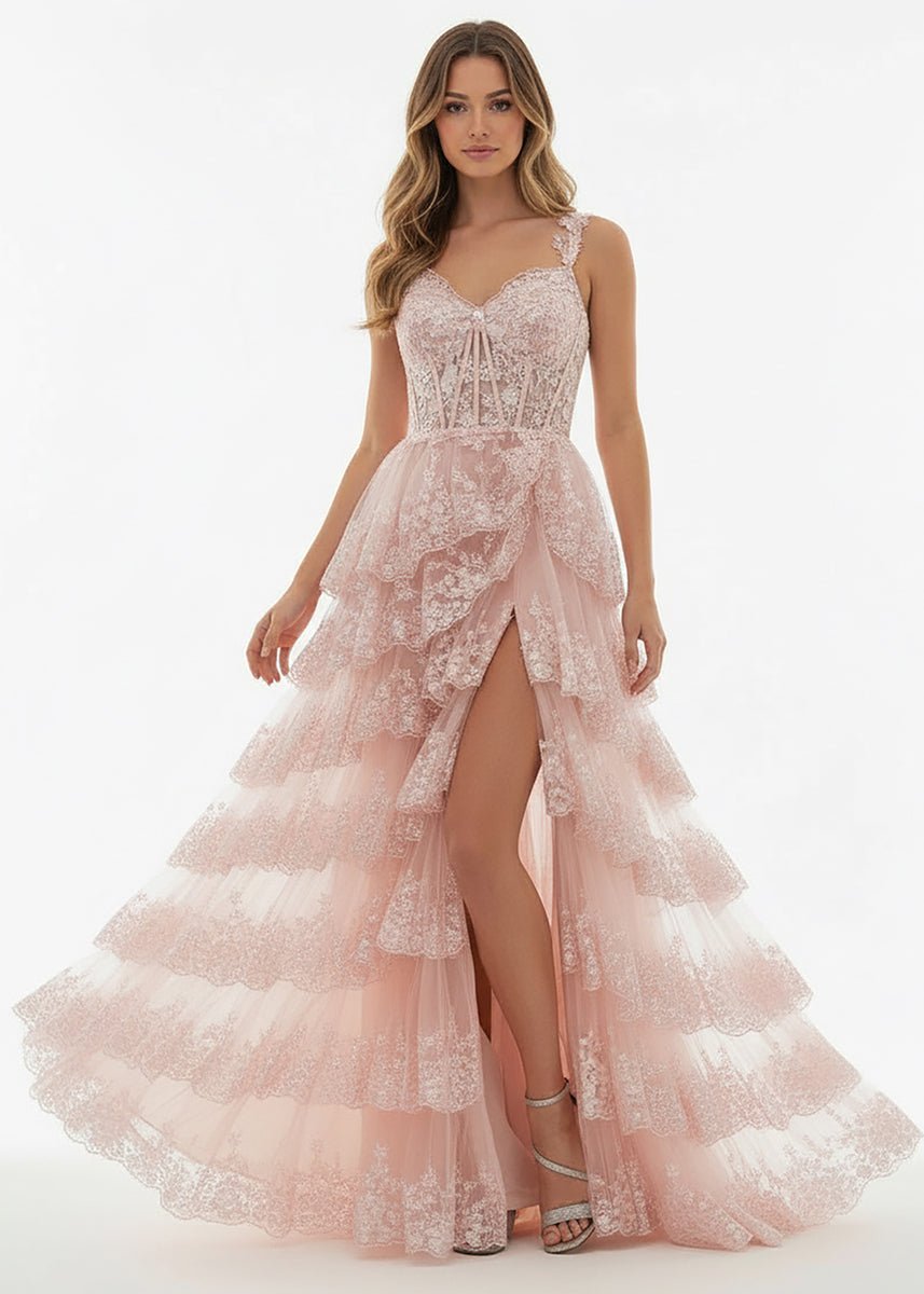 Capri | A-Line Lace Off-the-Shoulder Tiered Long Prom Dress with Slit