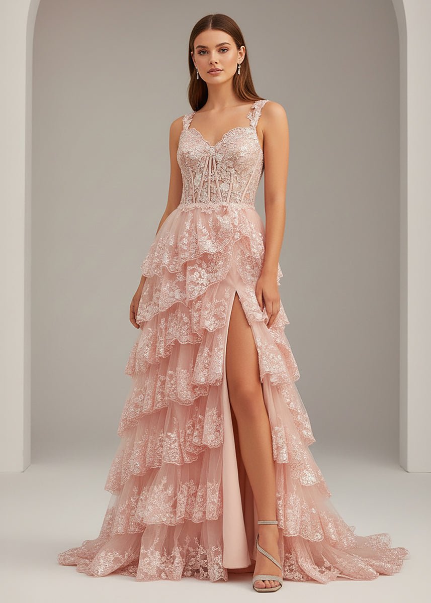 Capri | A-Line Lace Off-the-Shoulder Tiered Long Prom Dress with Slit