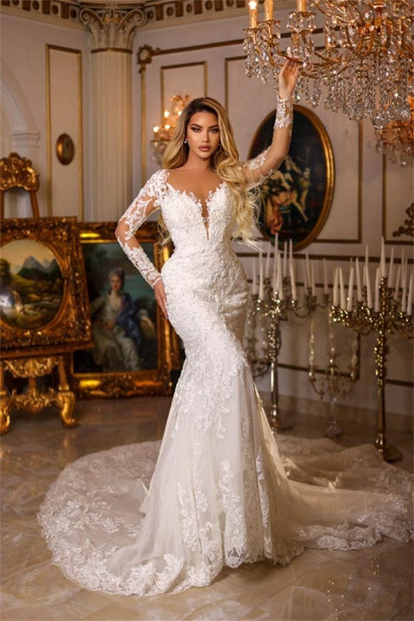 Gorgeous Long Sweetheart Mermaid Tulle Lace Wedding Dress with Sleeves