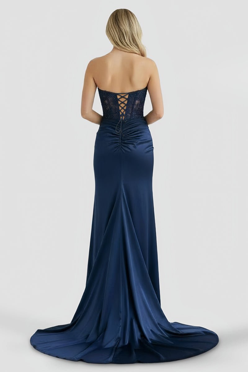 Aeth | Royal Blue Strapless Lace Mermaid Long Prom Dresses With Slit
