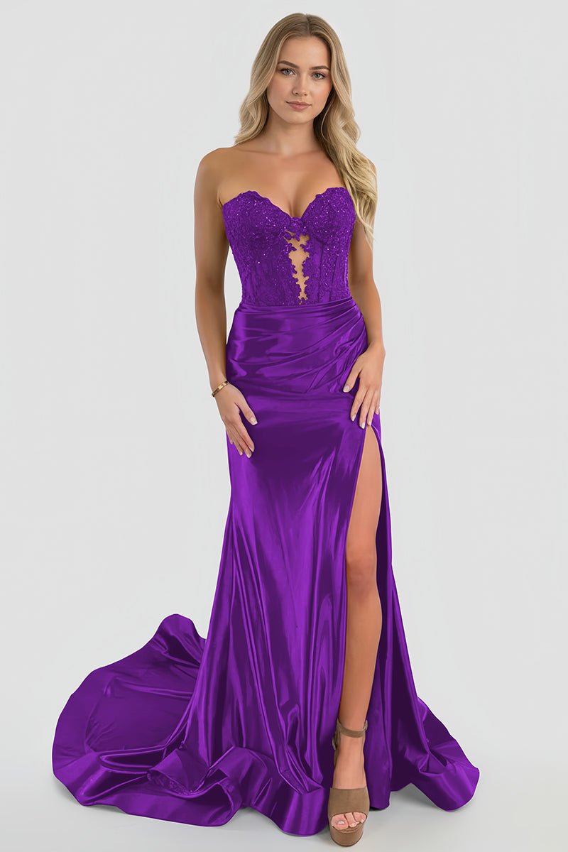 Aeth | Royal Blue Strapless Lace Mermaid Long Prom Dresses With Slit