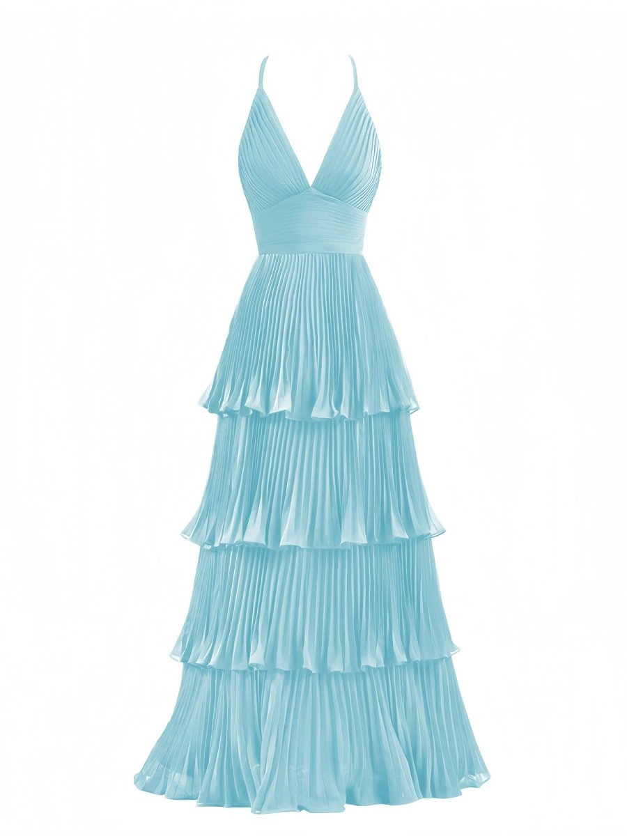 Dark Green A-Line Tiered Floor Length Chiffon Bridesmaid Dress