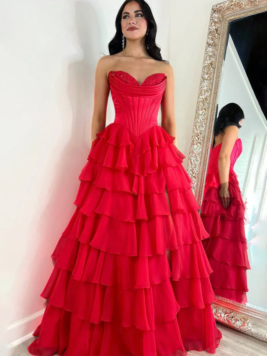 Ardea | Strapless A-Line Ruffle Long Prom Dress With Split
