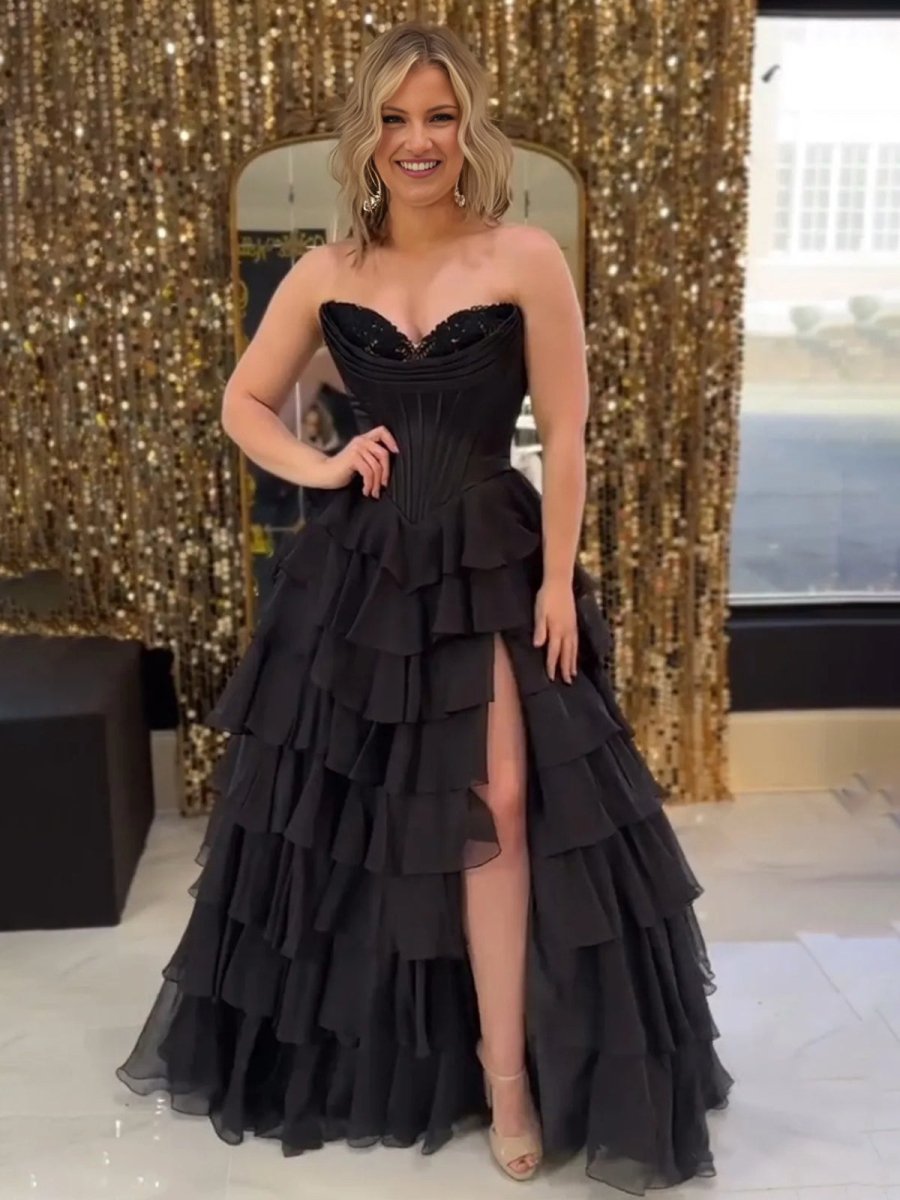 Ardea | Strapless A-Line Ruffle Long Prom Dress With Split